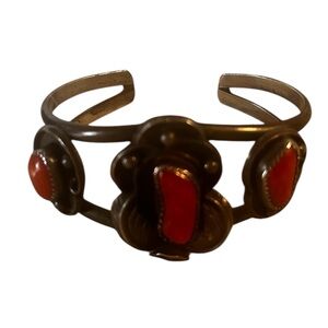 VTG Yolanda James Red Stone Floral Sterling Silver Cuff Bracelet - Women Jewelry